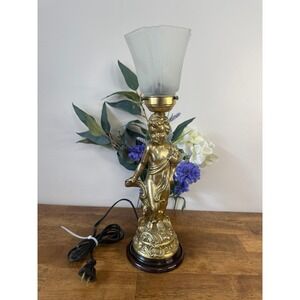 Vintage Gold Cherub Table Lamp Frosted Glass Shade Hollywood Regency